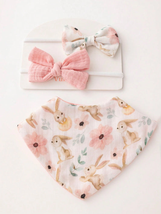 0-36 Months Baby Fashionable Drool Bib And Headband Set, Pink Rabbit Design Red