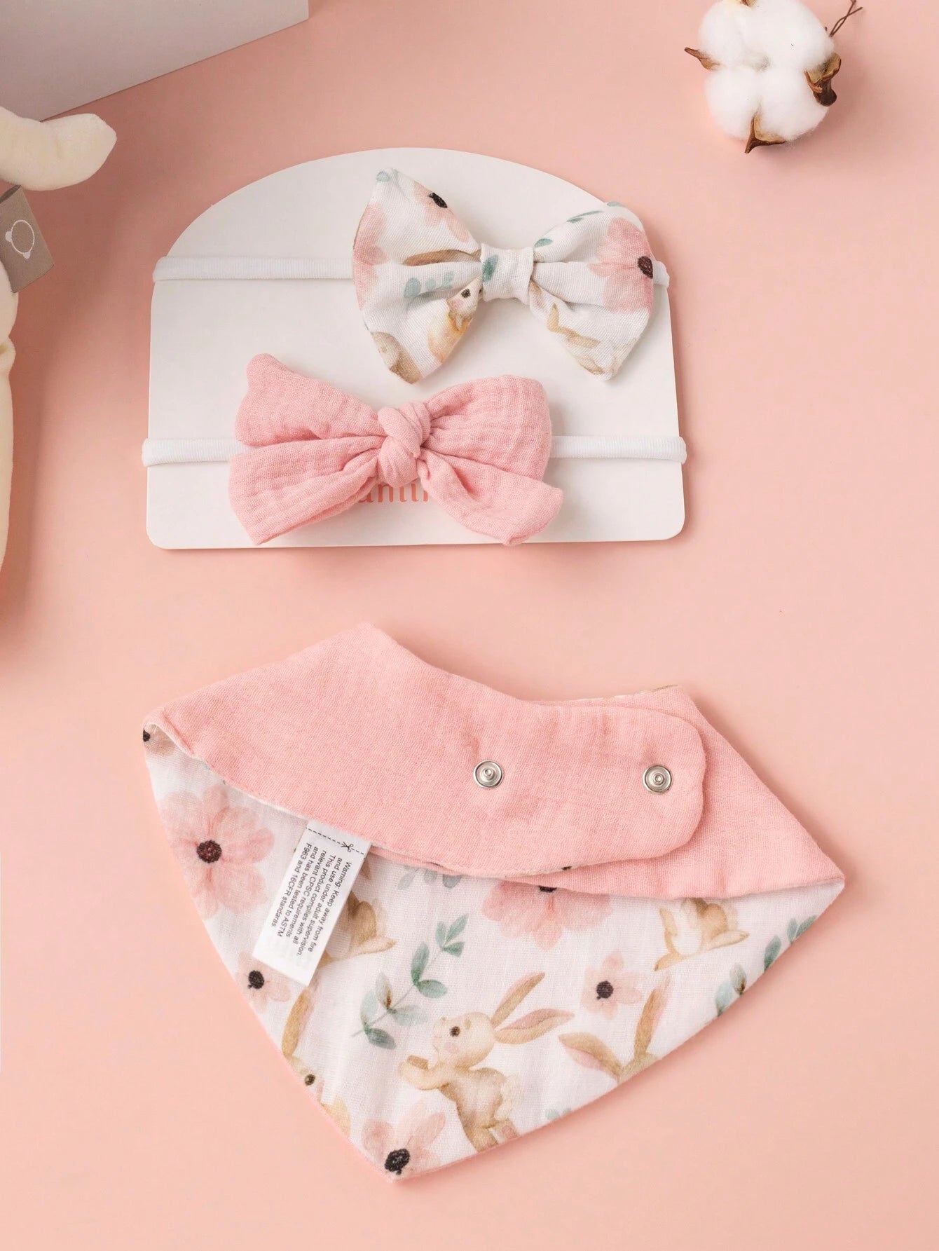 0-36 Months Baby Fashionable Drool Bib And Headband Set, Pink Rabbit Design Purple