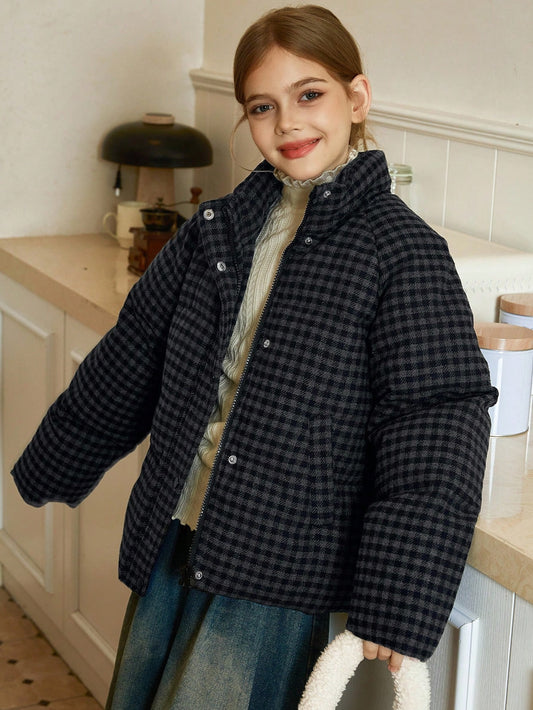 Tween Girl Plaid Print Raglan Sleeve Casual Jacket, Winter