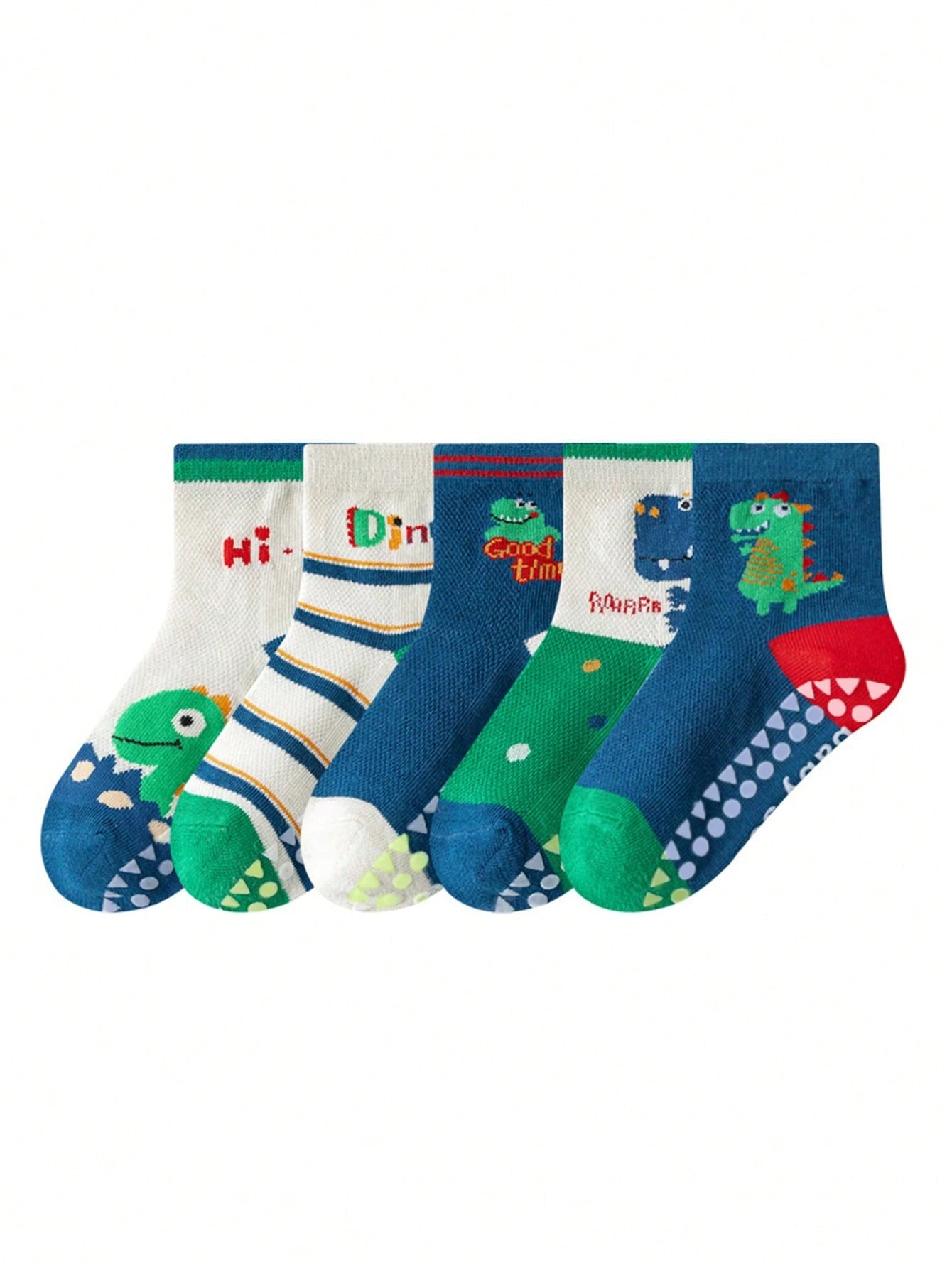 5 Pairs Kids Anti-Slip Floor Socks With Letter, Stripe, Dot, Cartoon Dinosaur Patterns