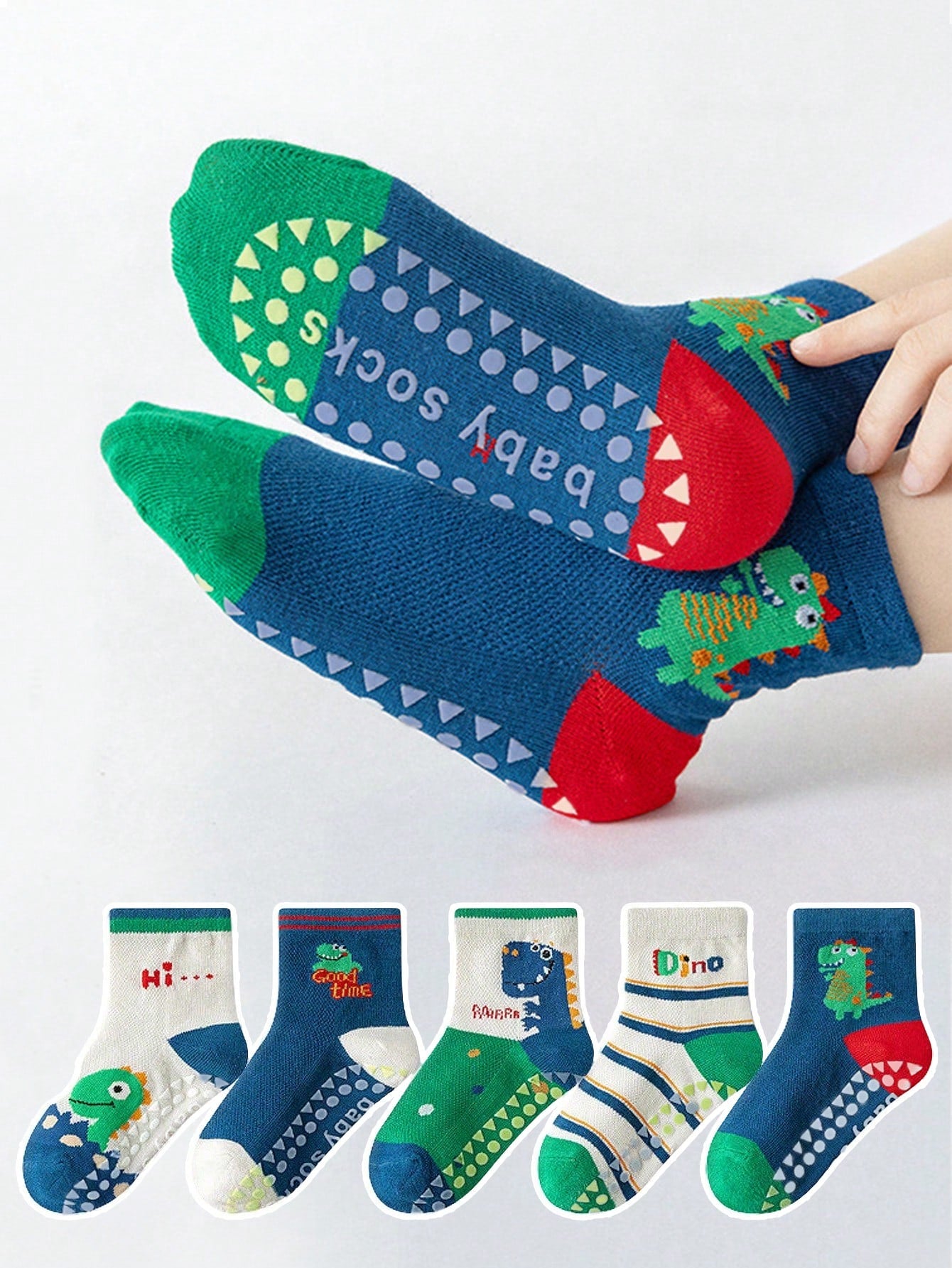5 Pairs Kids Anti-Slip Floor Socks With Letter, Stripe, Dot, Cartoon Dinosaur Patterns Multicolor 3