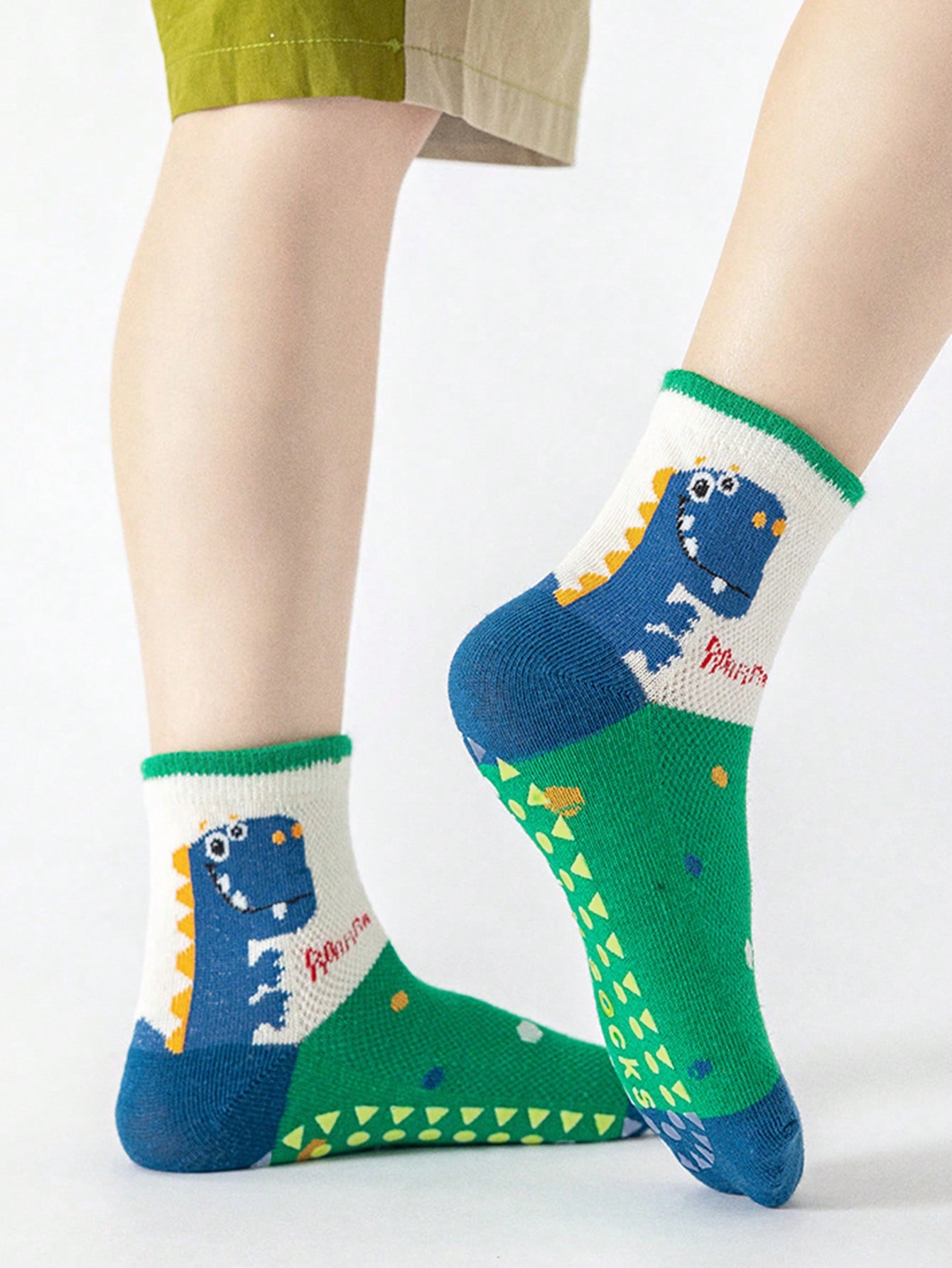 5 Pairs Kids Anti-Slip Floor Socks With Letter, Stripe, Dot, Cartoon Dinosaur Patterns