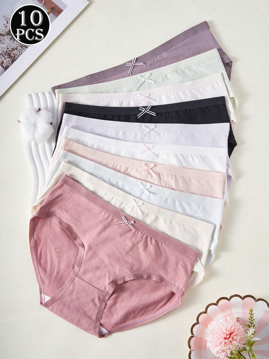 10pcs Pack Young Girls' Basic Bow Decor Solid Color Panties Black & White
