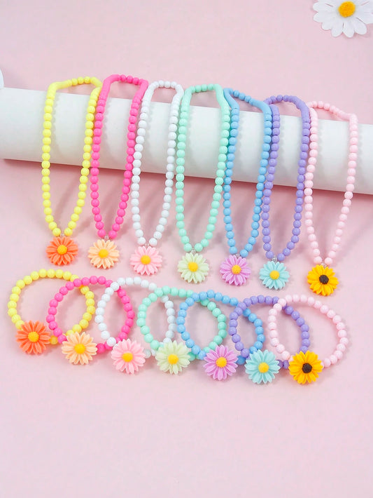 14pcs Multicolor Daisy Pendant Necklace, Charm Beaded Bracelet Set Daisy