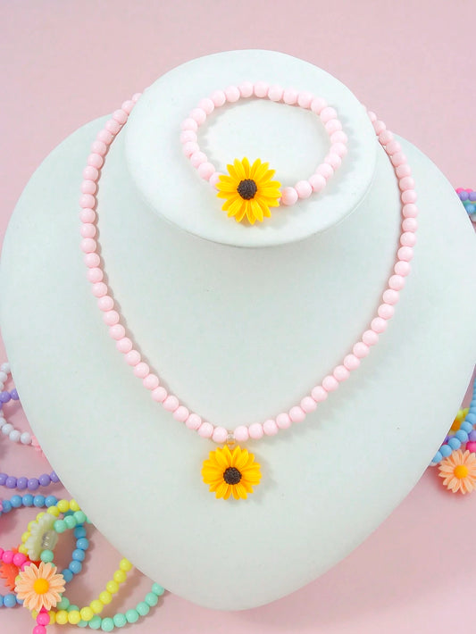 14pcs Multicolor Daisy Pendant Necklace, Charm Beaded Bracelet Set