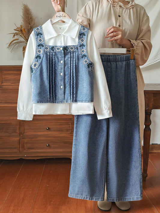 Tween Girl Back-To-School 80s Style Set,Autumn White Long Sleeve Shirt