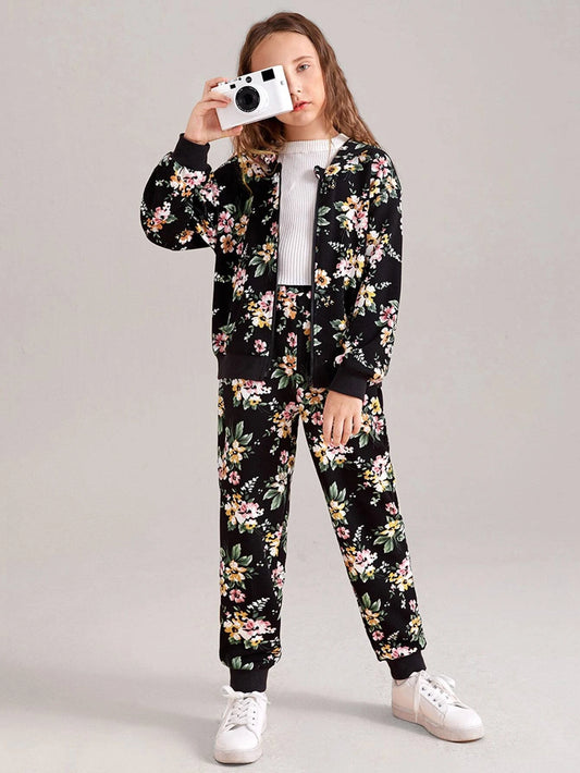 Tween Girl Floral Print Drop Shoulder Hoodie & Sweatpants Multicolor