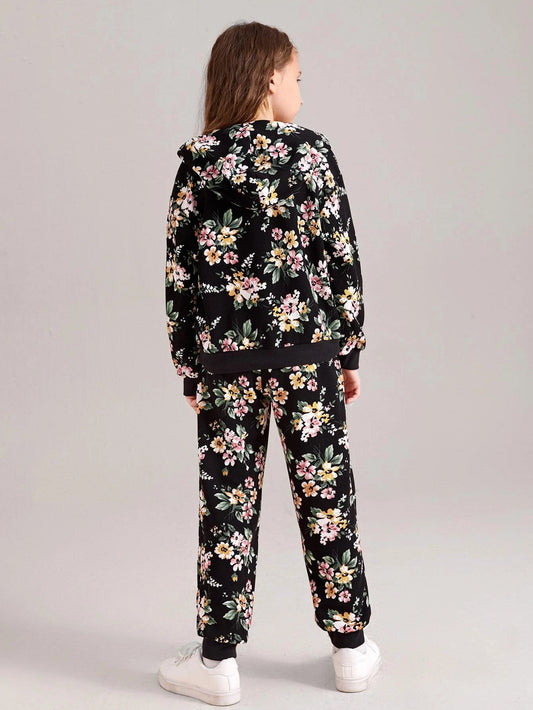 Tween Girl Floral Print Drop Shoulder Hoodie & Sweatpants