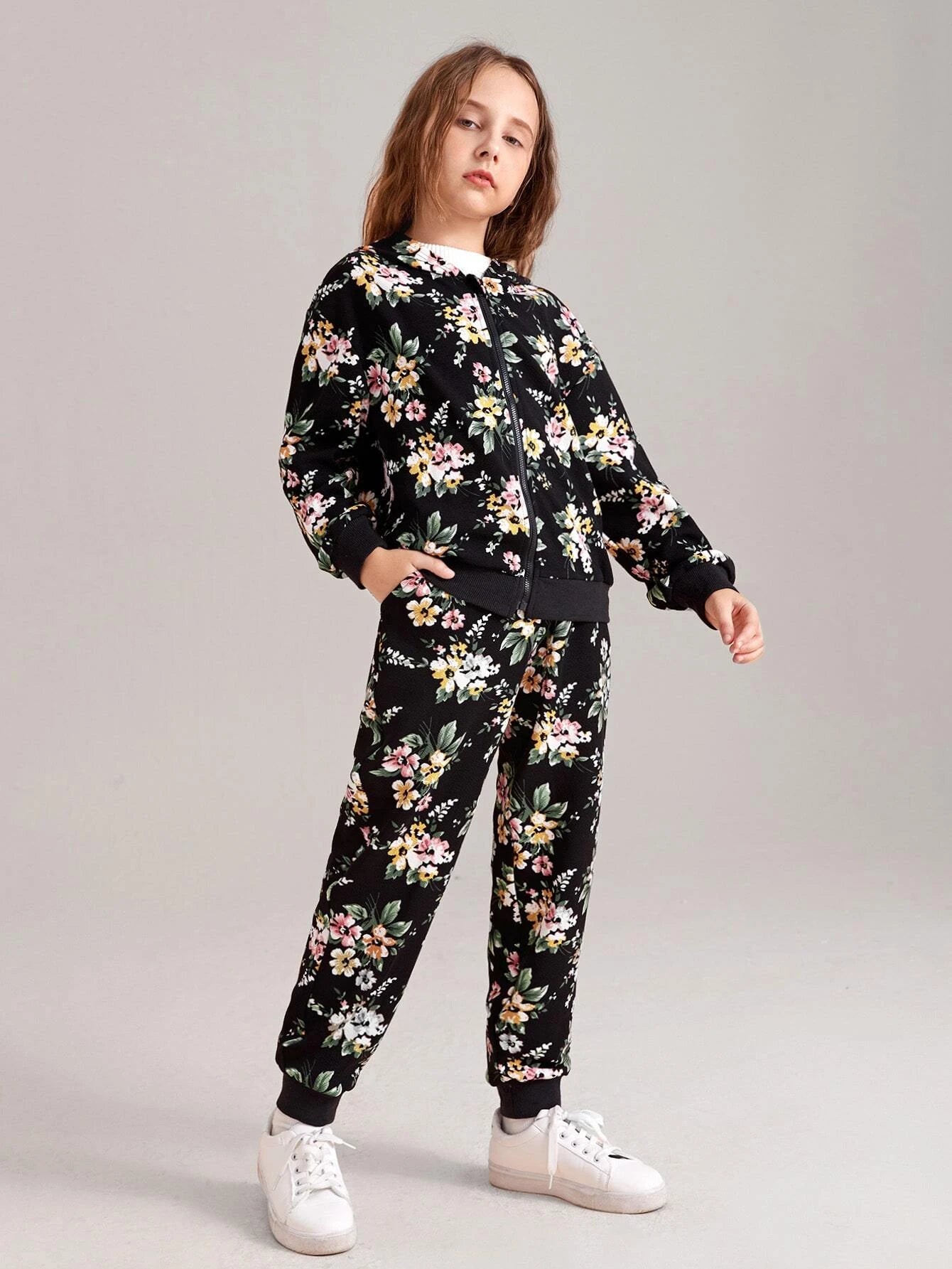 Tween Girl Floral Print Drop Shoulder Hoodie & Sweatpants