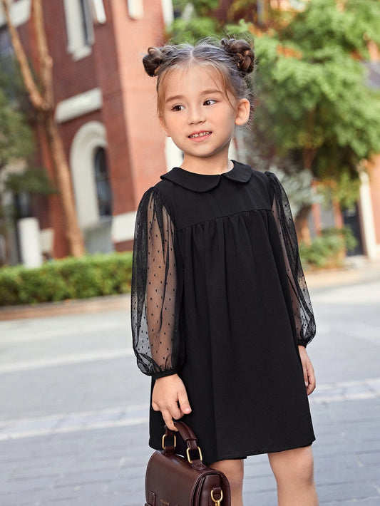 Young Girl Peter-Pan Collar Sheer Dobby Mesh Lantern Sleeve Smock Dress Black