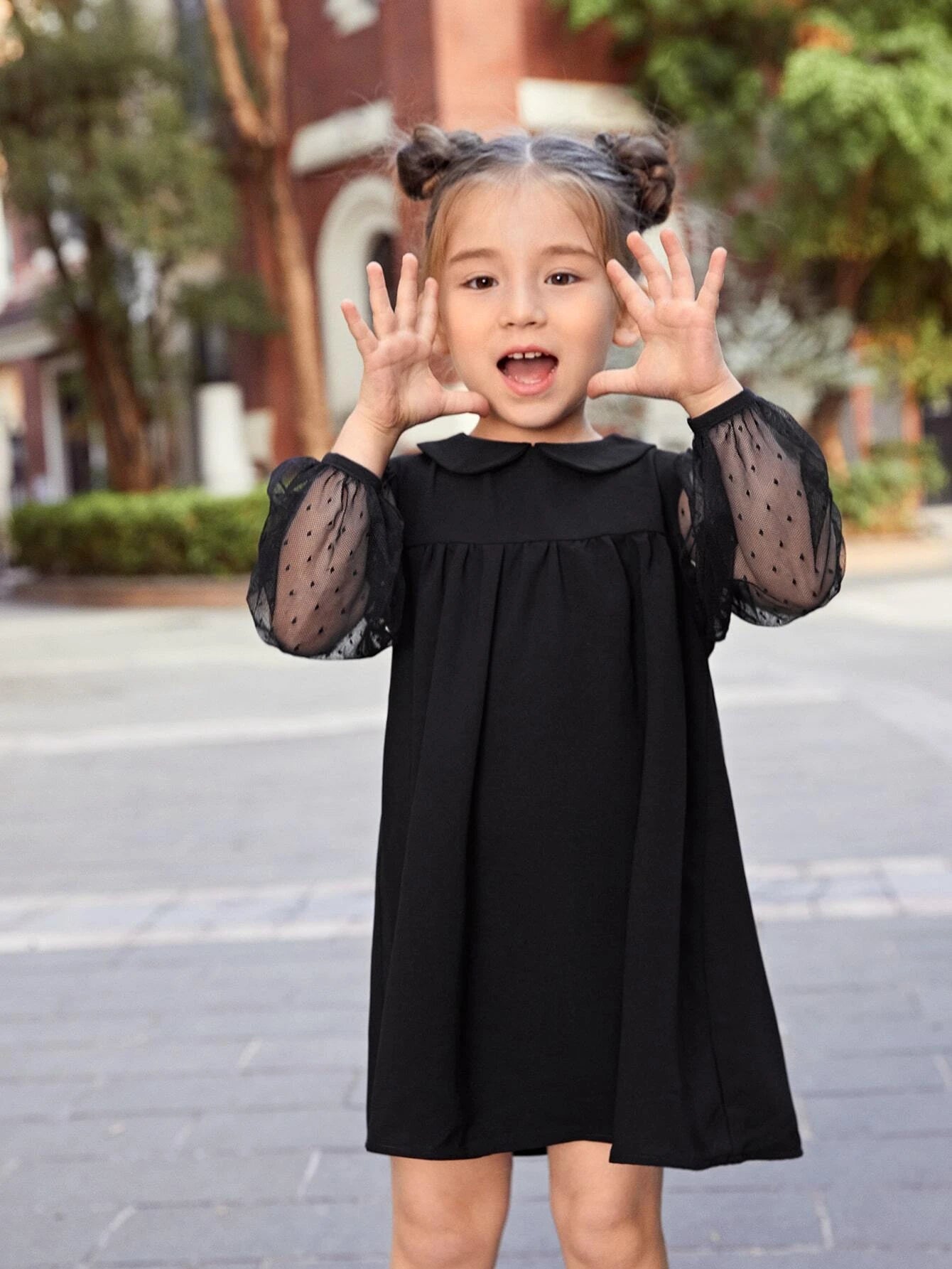 Young Girl Peter-Pan Collar Sheer Dobby Mesh Lantern Sleeve Smock Dress
