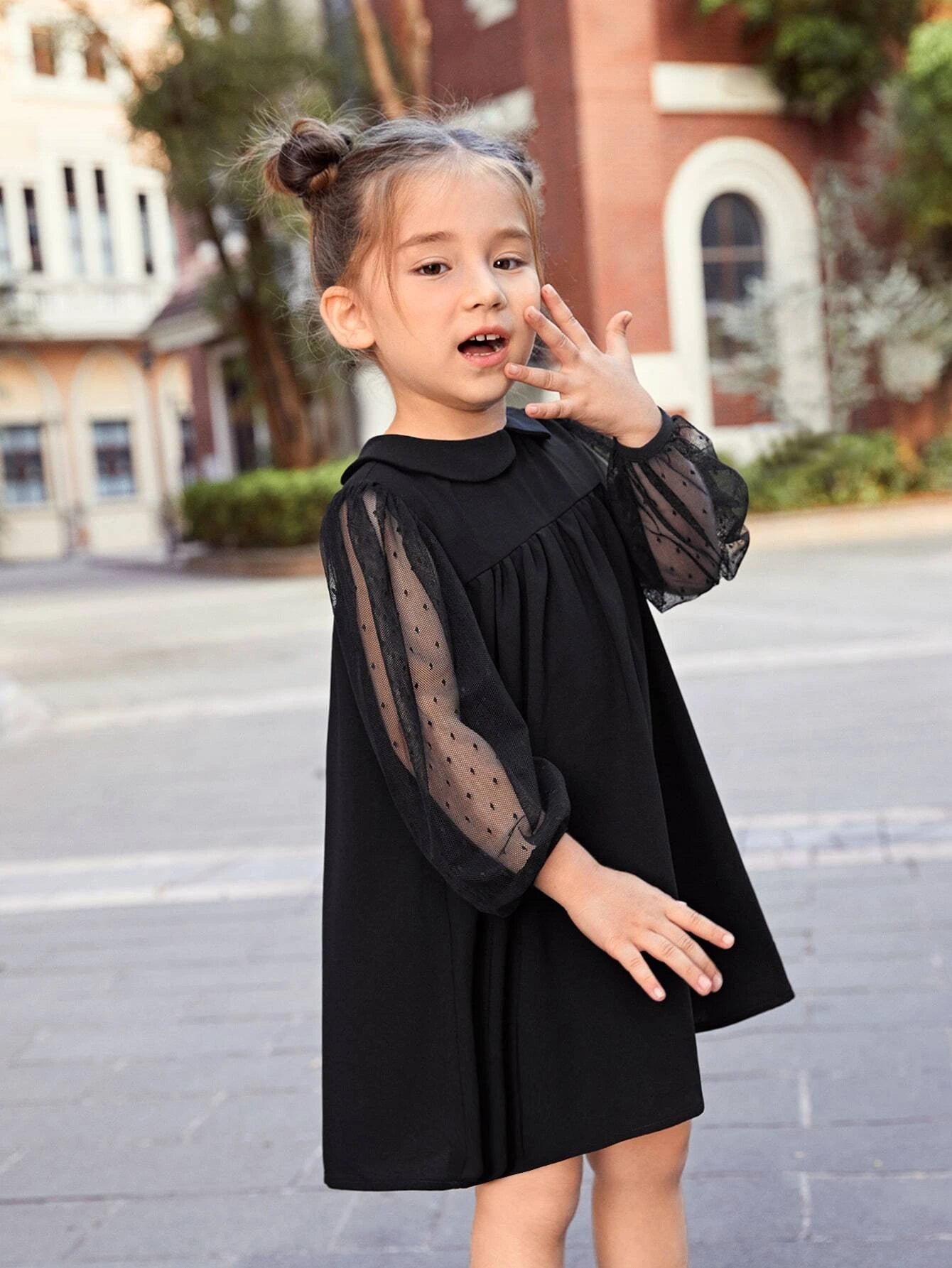 Young Girl Peter-Pan Collar Sheer Dobby Mesh Lantern Sleeve Smock Dress