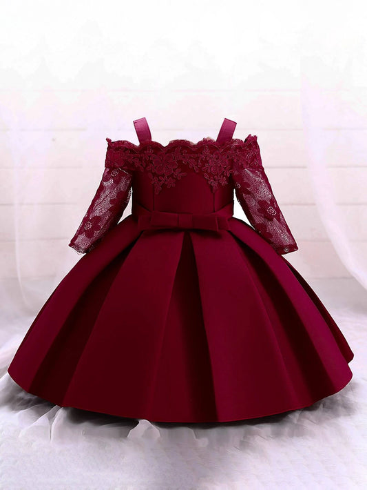 Young Girl Lace & Satin Solid Color Dress With Waist Bow Decoration, Beautiful & Elegant For Formal Occasions Burgundy