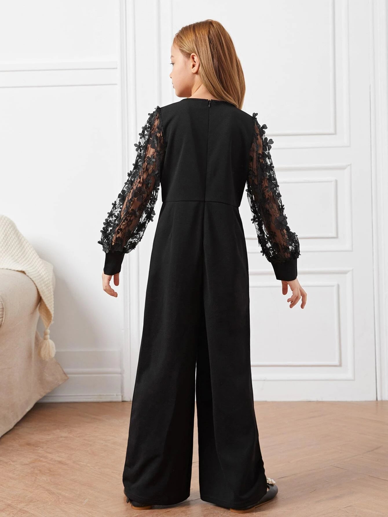 Tween Girl Appliques Mesh Sleeve Wide Leg Jumpsuit Without Belt