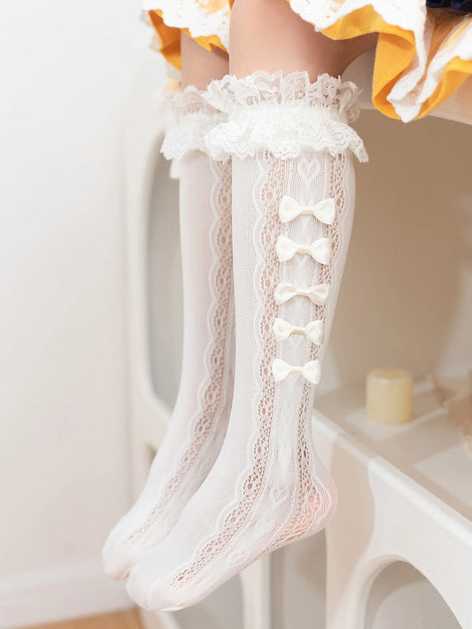 1pair Girls' Lace Bowknot Heart Mid-Calf Mesh Socks Beige One-Size