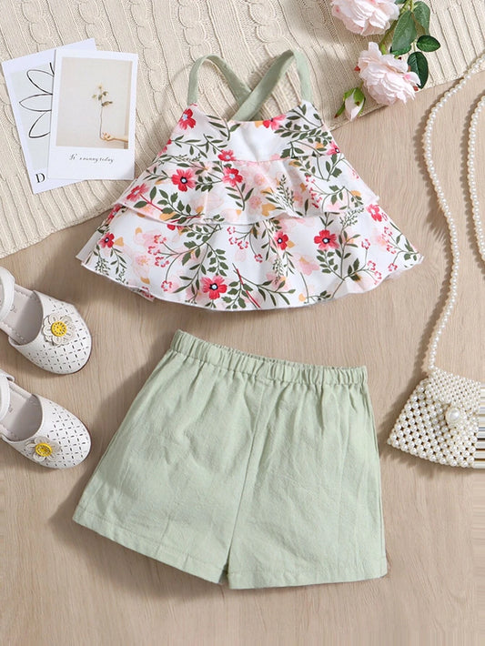 Baby Girl Floral Print Crisscross Back Layered Hem Cami Top & Shorts Multicolor 18-24M