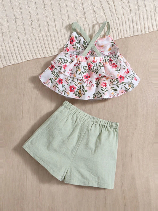 Baby Girl Floral Print Crisscross Back Layered Hem Cami Top & Shorts
