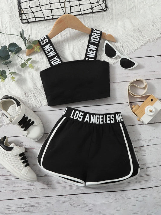 Young Girl Letter Tape Top & Dolphin Shorts Black