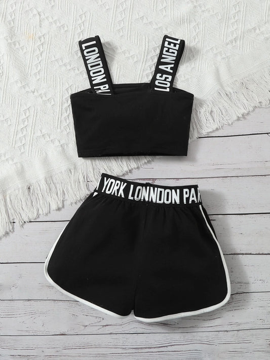 Young Girl Letter Tape Top & Dolphin Shorts