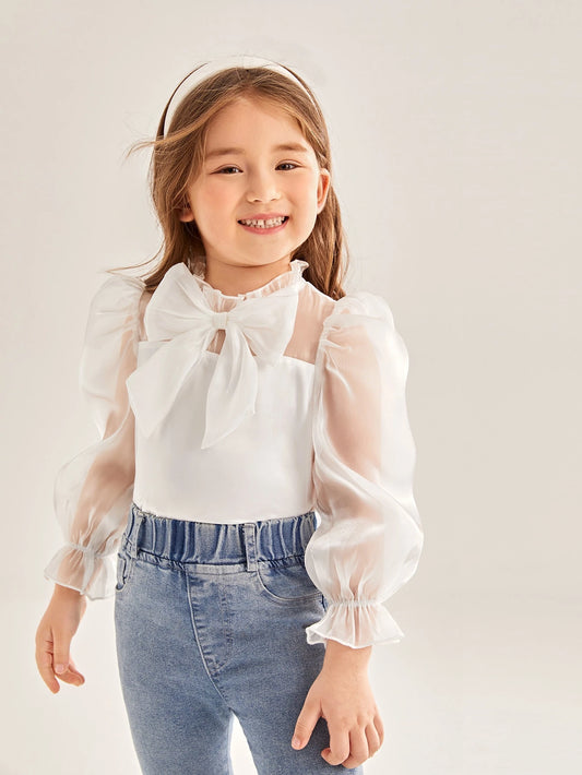 Young Girl Frill Mock Neck Bow Front Flounce Sleeve Blouse White