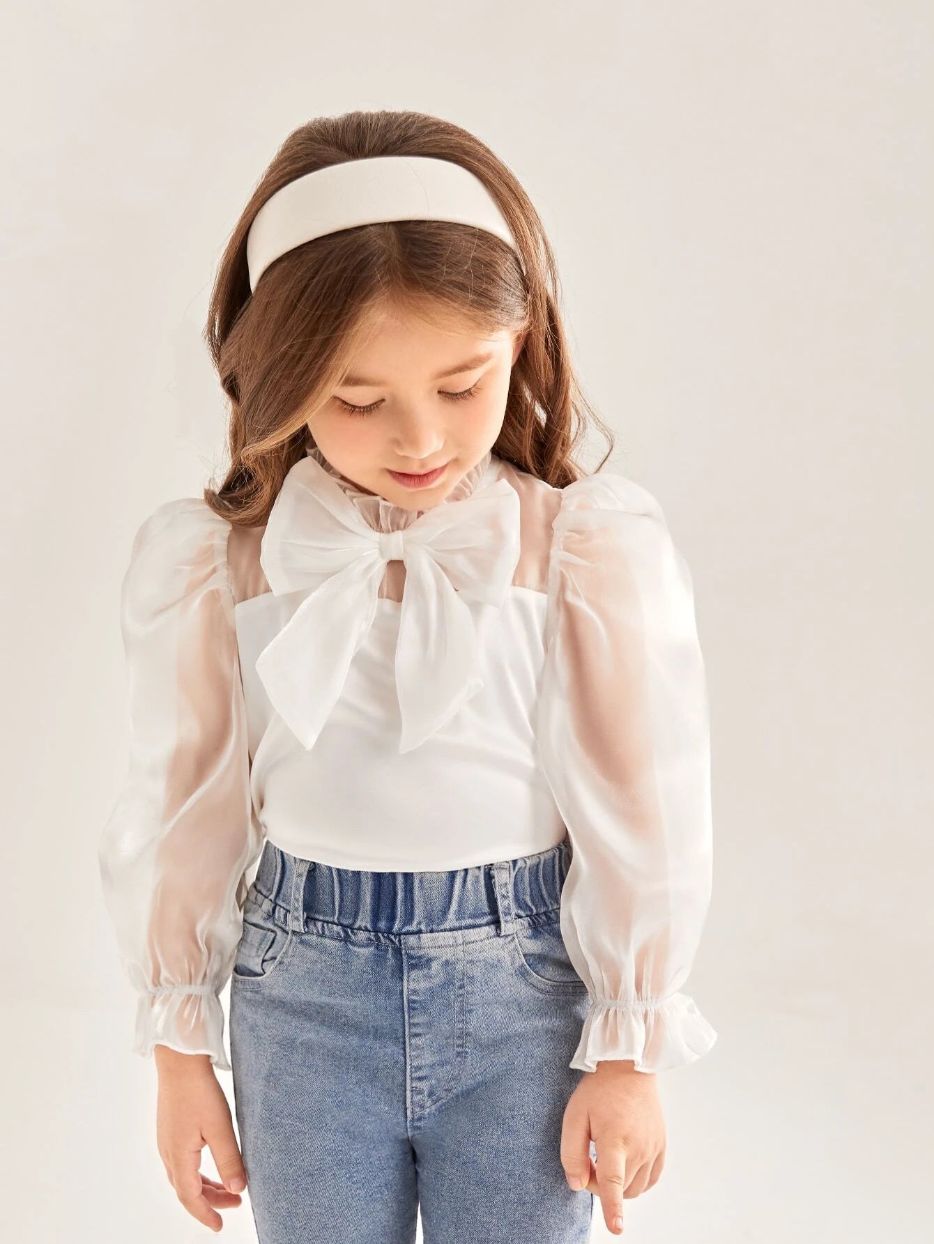 Young Girl Frill Mock Neck Bow Front Flounce Sleeve Blouse