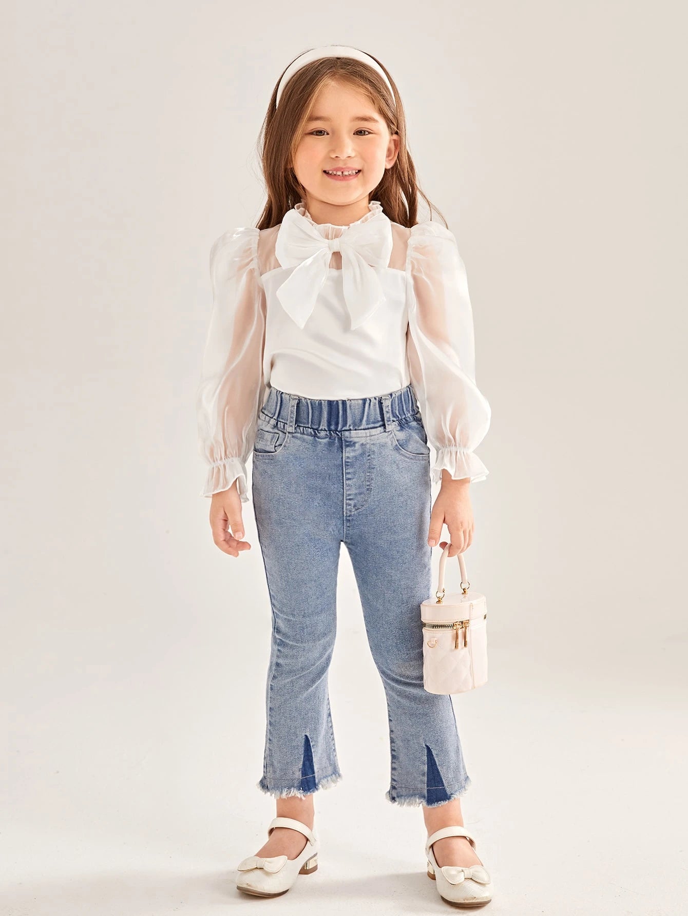 Young Girl Frill Mock Neck Bow Front Flounce Sleeve Blouse