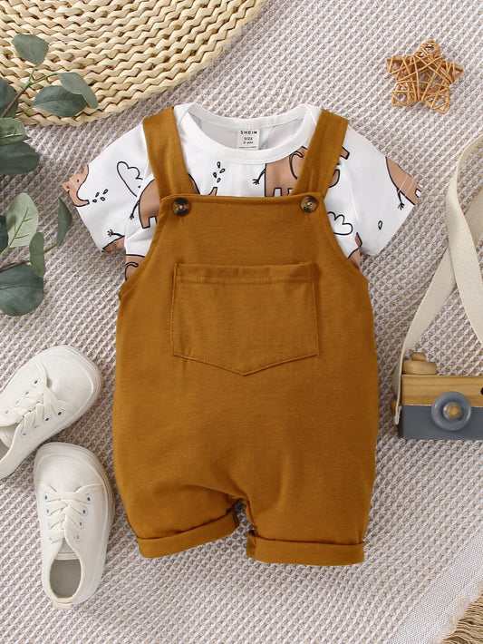 Baby Boy Elephant Print Bodysuit & Patched Pocket Overall Romper Multicolor