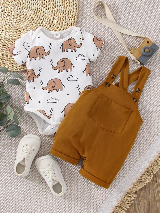 Baby Boy Elephant Print Bodysuit & Patched Pocket Overall Romper