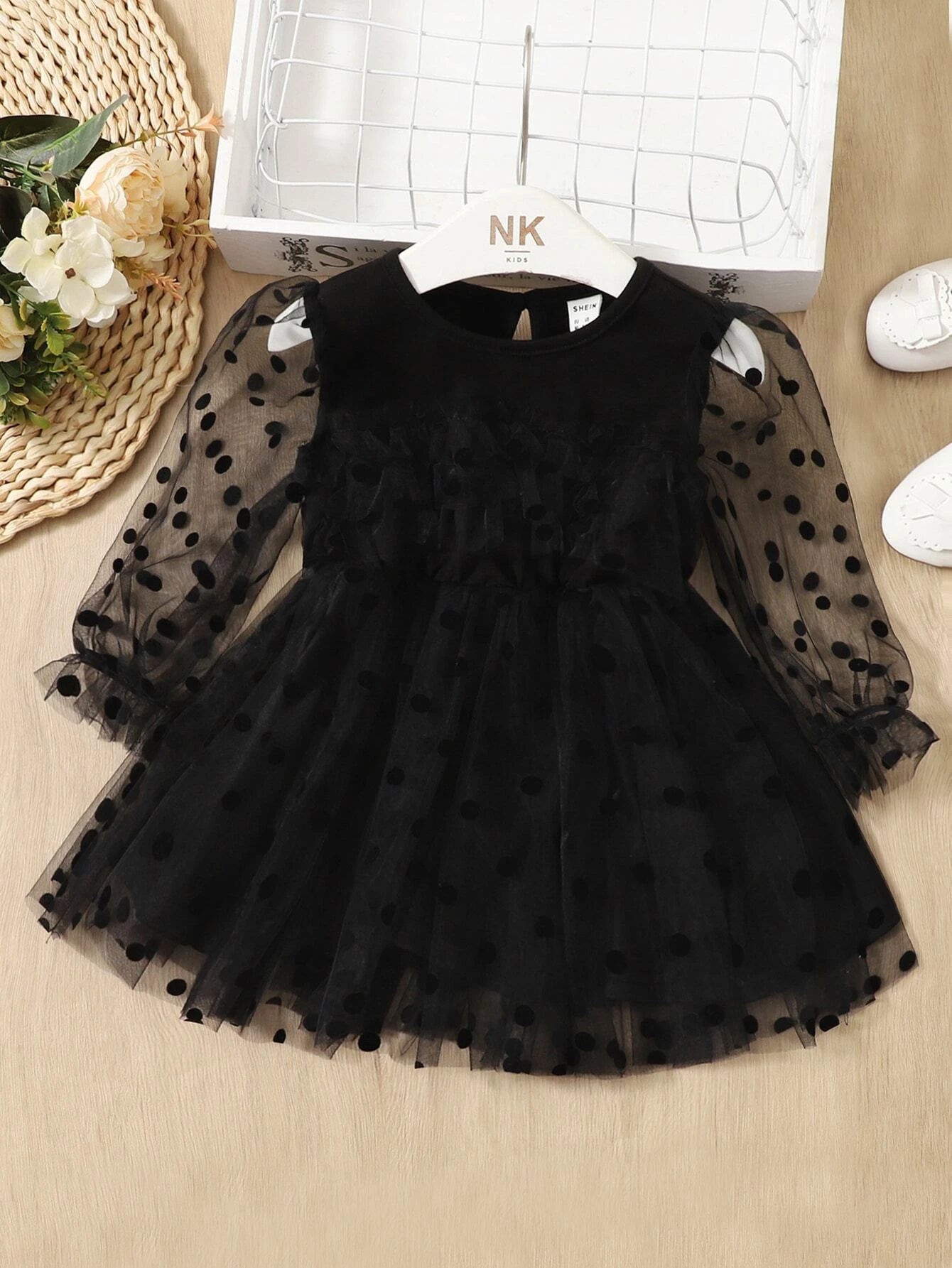 Baby Girl Dobby Mesh Panel Flounce Sleeve Dress Black