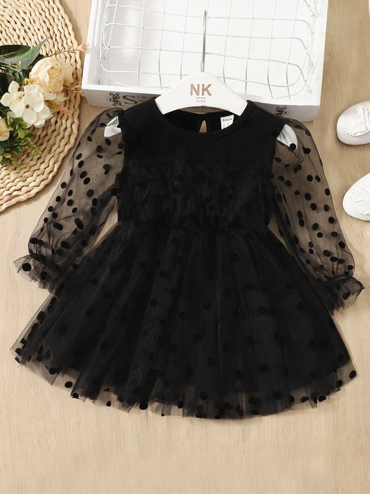 Baby Girl Dobby Mesh Panel Flounce Sleeve Dress Black