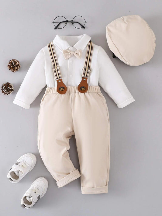 Baby Boy Bow Front Bodysuit & Suspender Pants With Hat Multicolor 2-3Y
