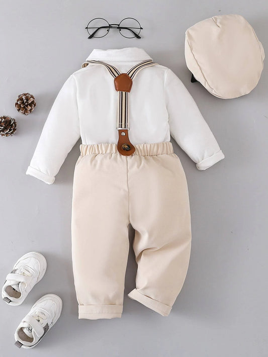 Baby Boy Bow Front Bodysuit & Suspender Pants With Hat
