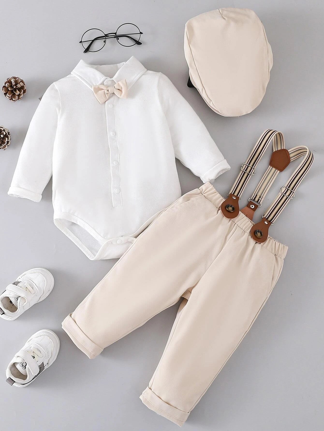 Baby Boy Bow Front Bodysuit & Suspender Pants With Hat