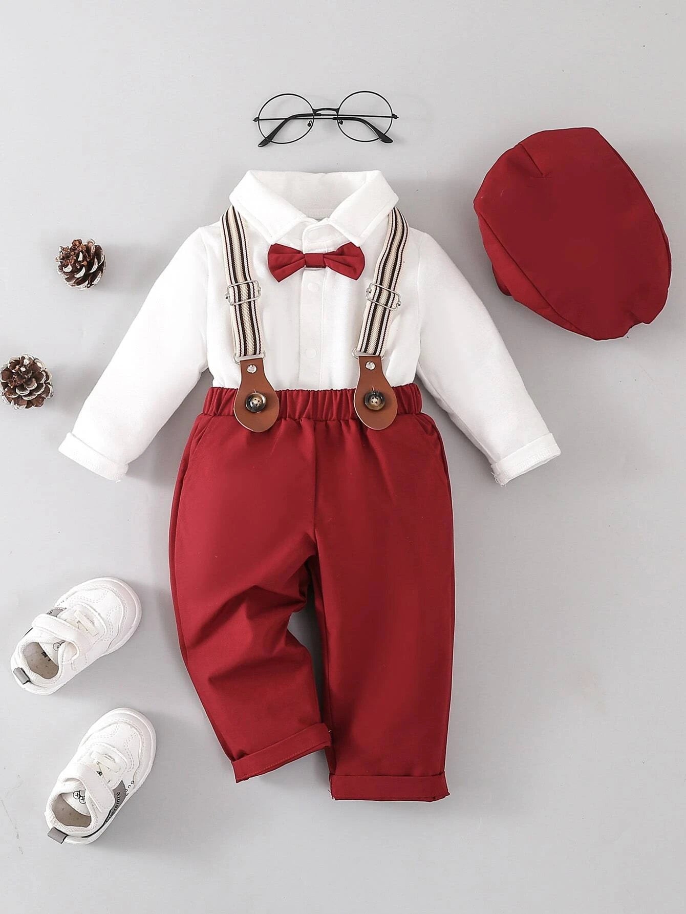 Baby Boy Bow Front Bodysuit & Suspender Pants With Hat Red & White