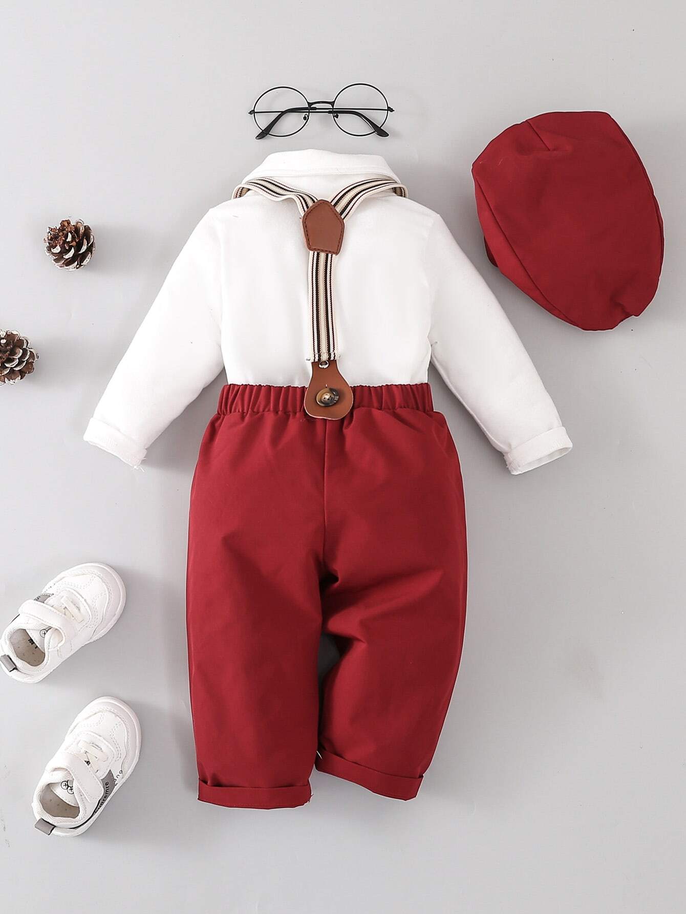 Baby Boy Bow Front Bodysuit & Suspender Pants With Hat