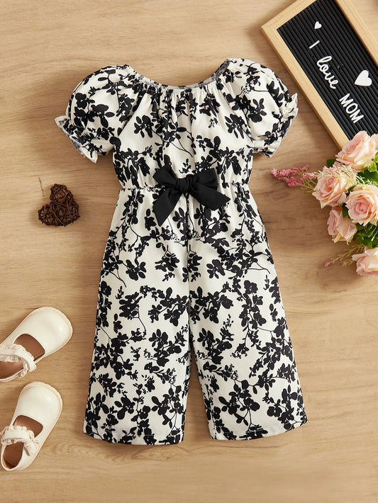 Baby Girl Floral Print Puff Sleeve Bow Front Jumpsuit Black & White
