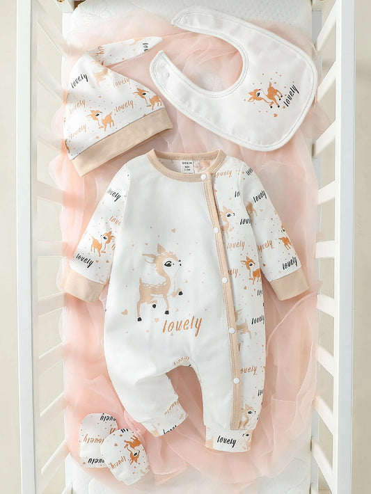 Baby Girl Newborn Cartoon & Letter Graphic Jumpsuit & Hat & Bib & Gloves White