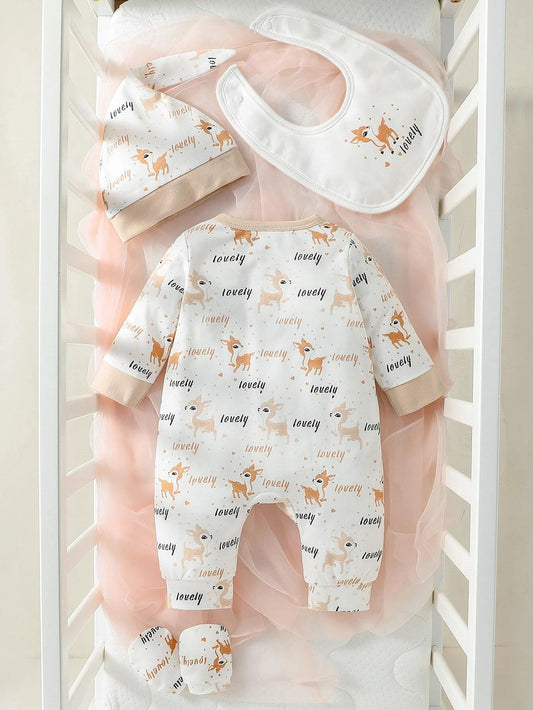 Baby Girl Newborn Cartoon & Letter Graphic Jumpsuit & Hat & Bib & Gloves