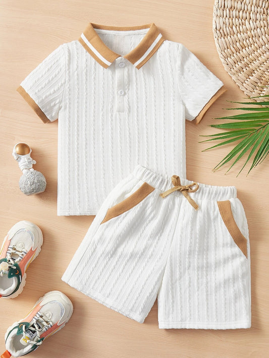 2pcs/Set Young Boys Casual Loose Fit Short Sleeve Polo Shirt & Shorts White 6Y