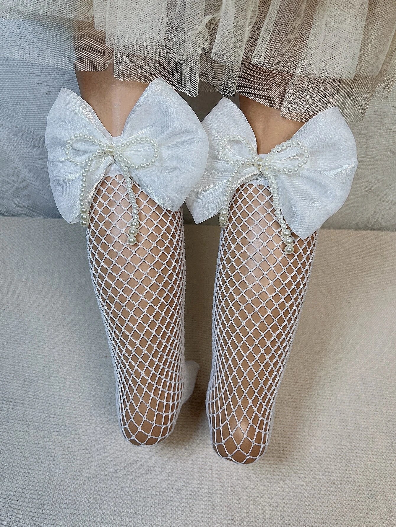 2pairs Toddler Girls Bow & Faux Pearl Decor Fishnet Socks