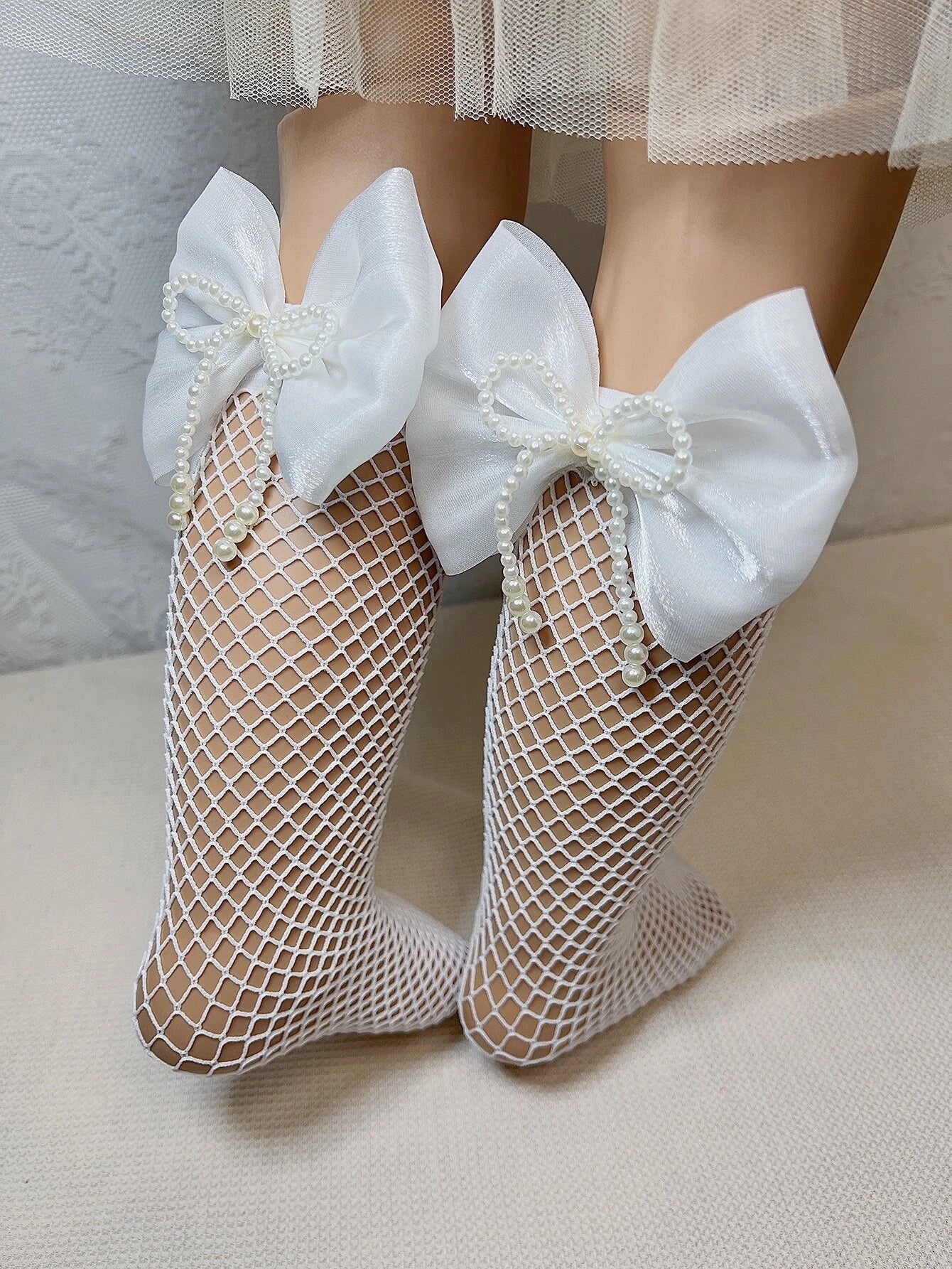 2pairs Toddler Girls Bow & Faux Pearl Decor Fishnet Socks