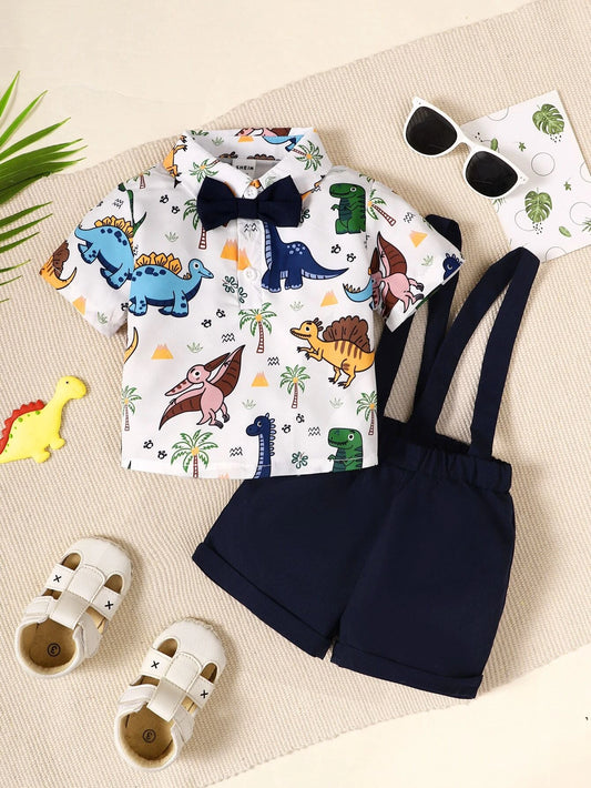 Baby Boy Dinosaur Print Bow Front Shirt & Pinafore Shorts Blue & White
