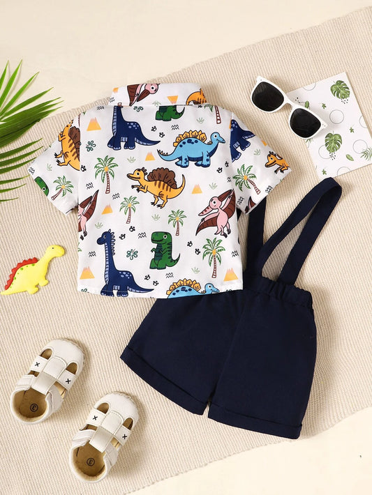 Baby Boy Dinosaur Print Bow Front Shirt & Pinafore Shorts