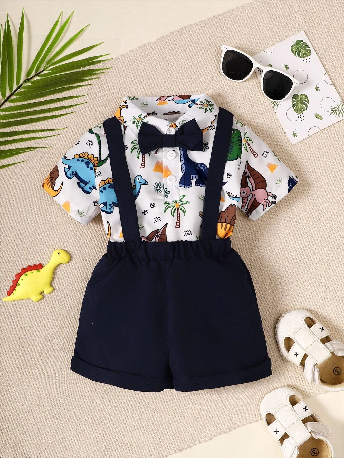 Baby Boy Dinosaur Print Bow Front Shirt & Pinafore Shorts