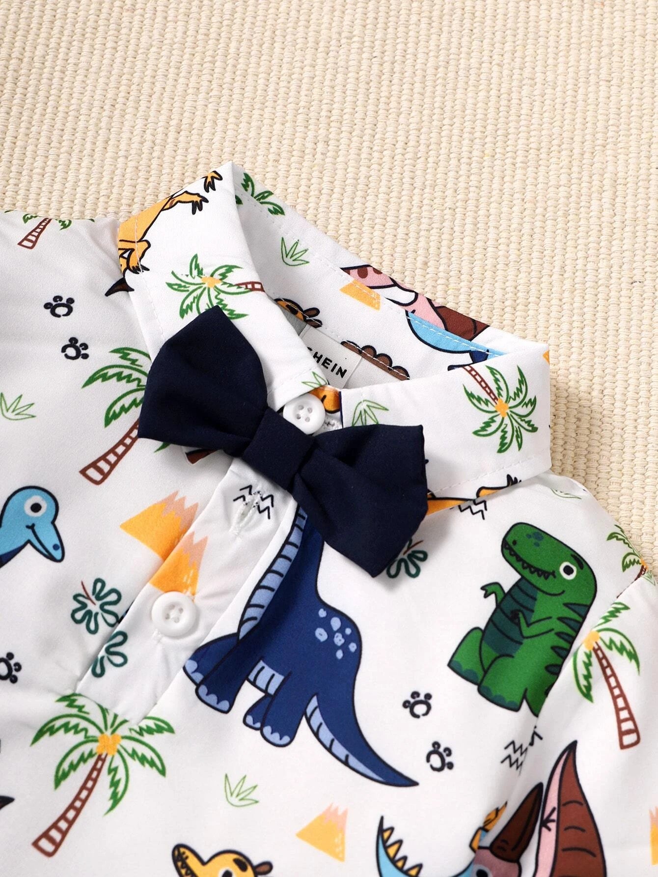 Baby Boy Dinosaur Print Bow Front Shirt & Pinafore Shorts