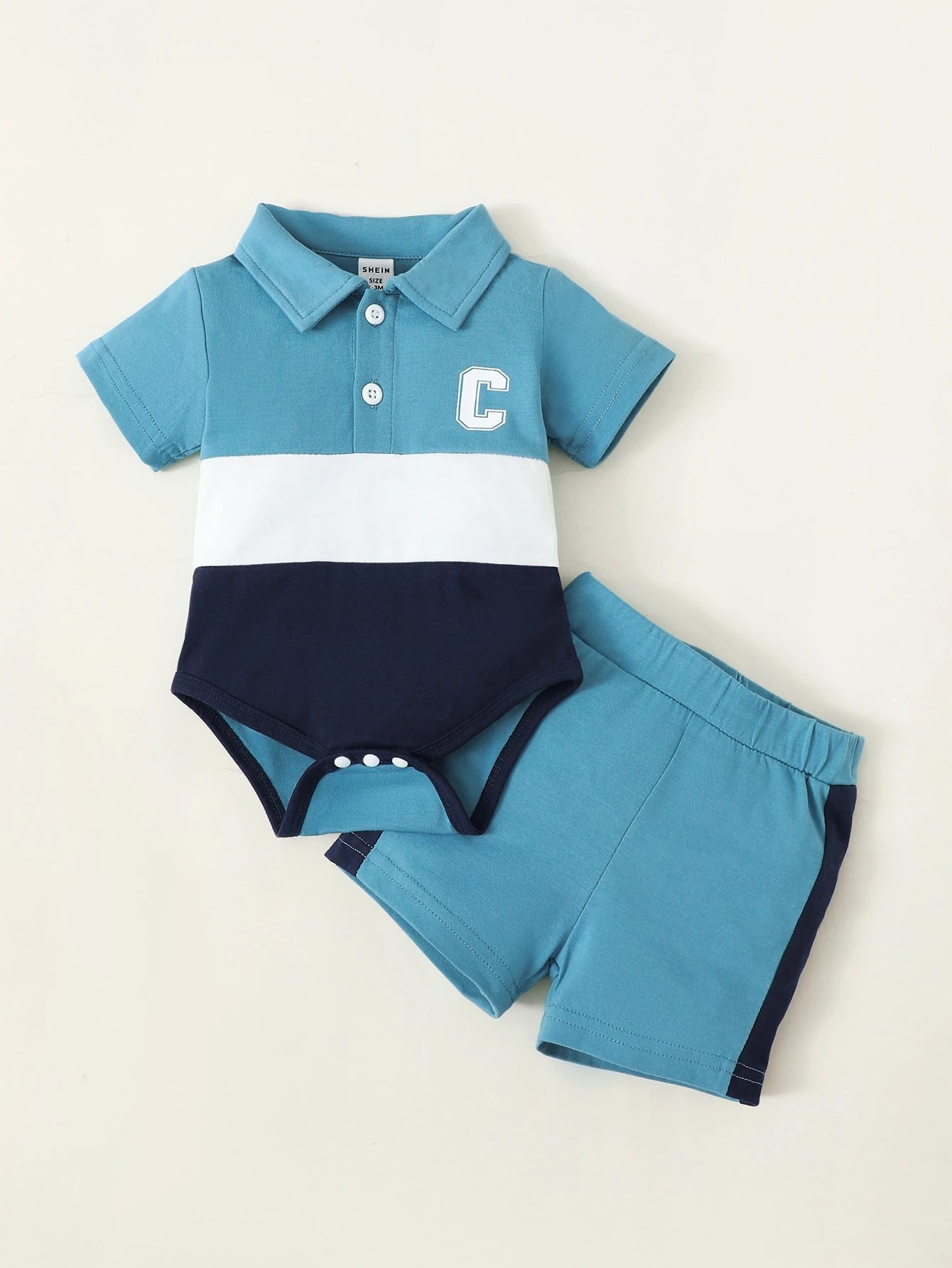 Baby Boys' Colorblocked Polo Collar Short Sleeve Romper And Shorts Set Blue & White