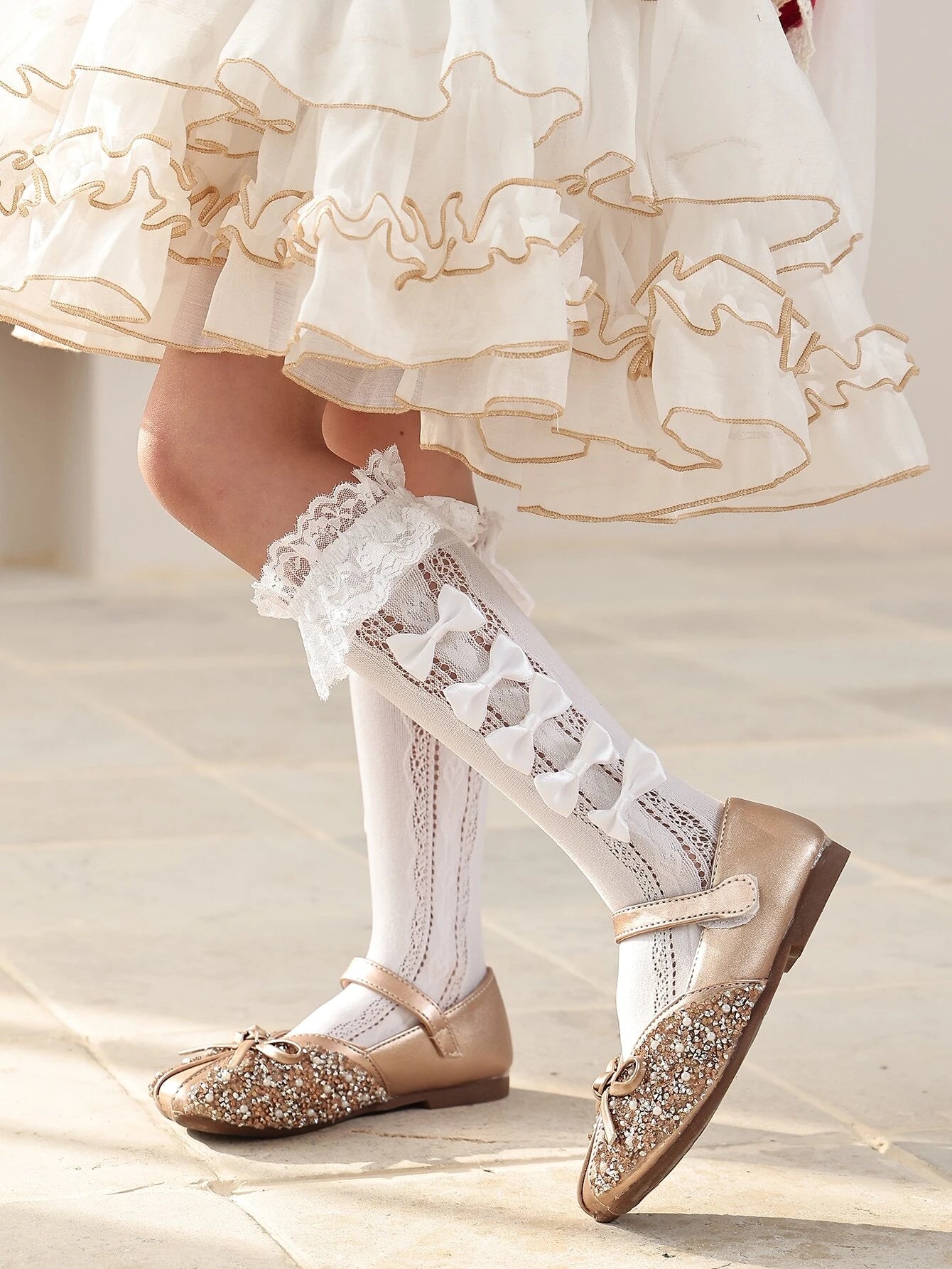 1pair Girls' Lace Bowknot Heart Mid-Calf Mesh Socks