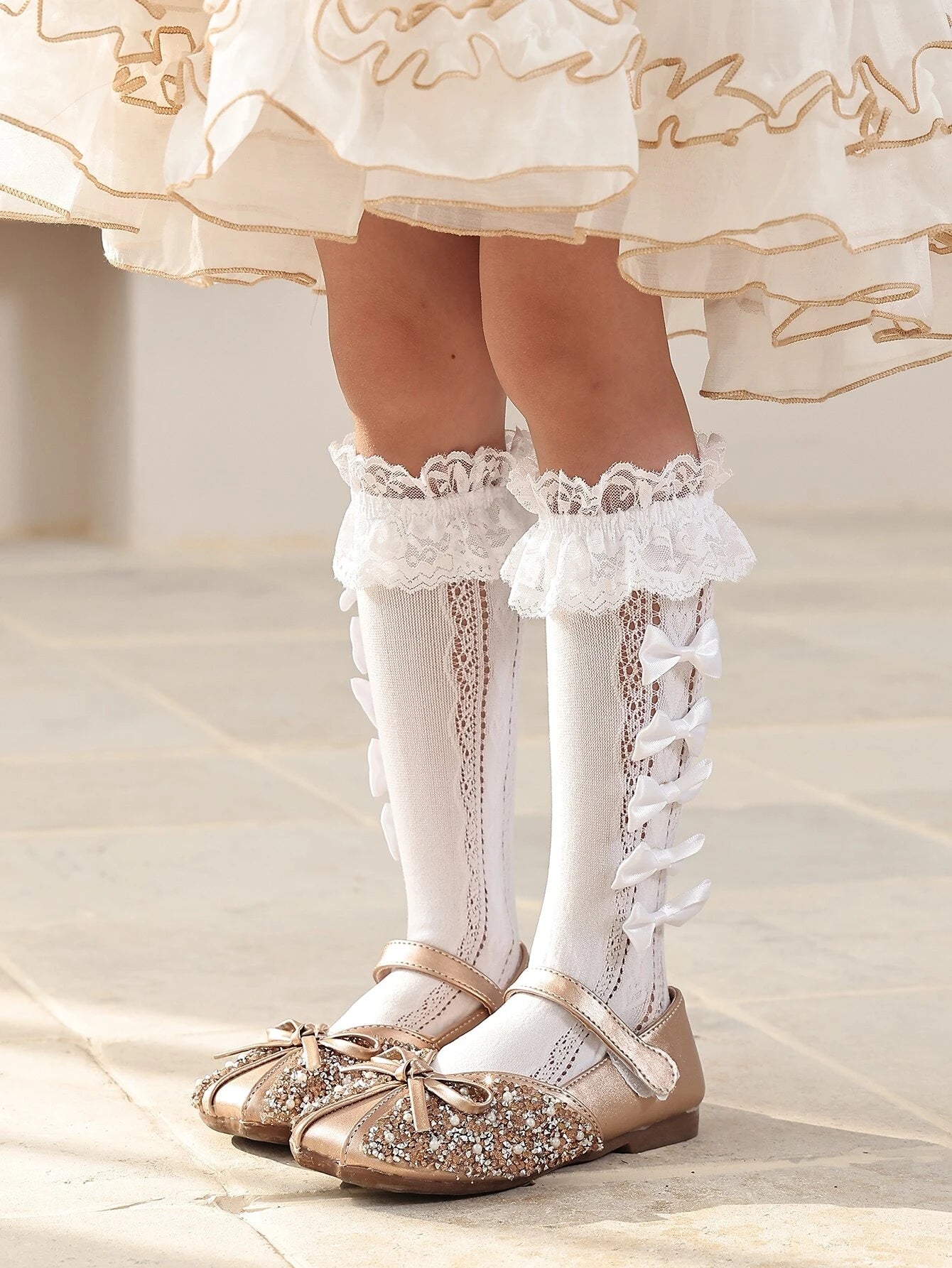 1pair Girls' Lace Bowknot Heart Mid-Calf Mesh Socks