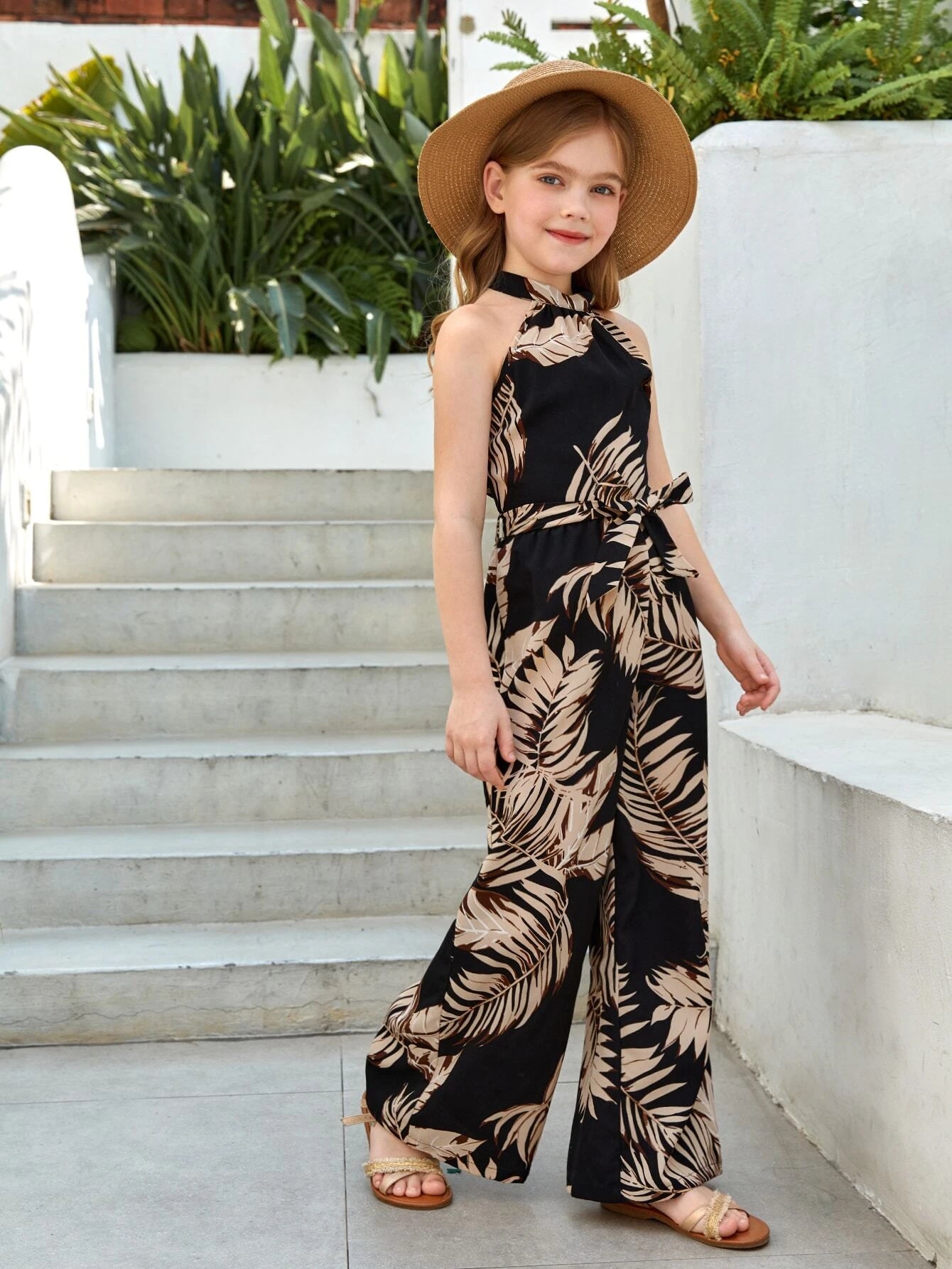Tween Girl Tropical Print Halter Neck Belted Jumpsuit