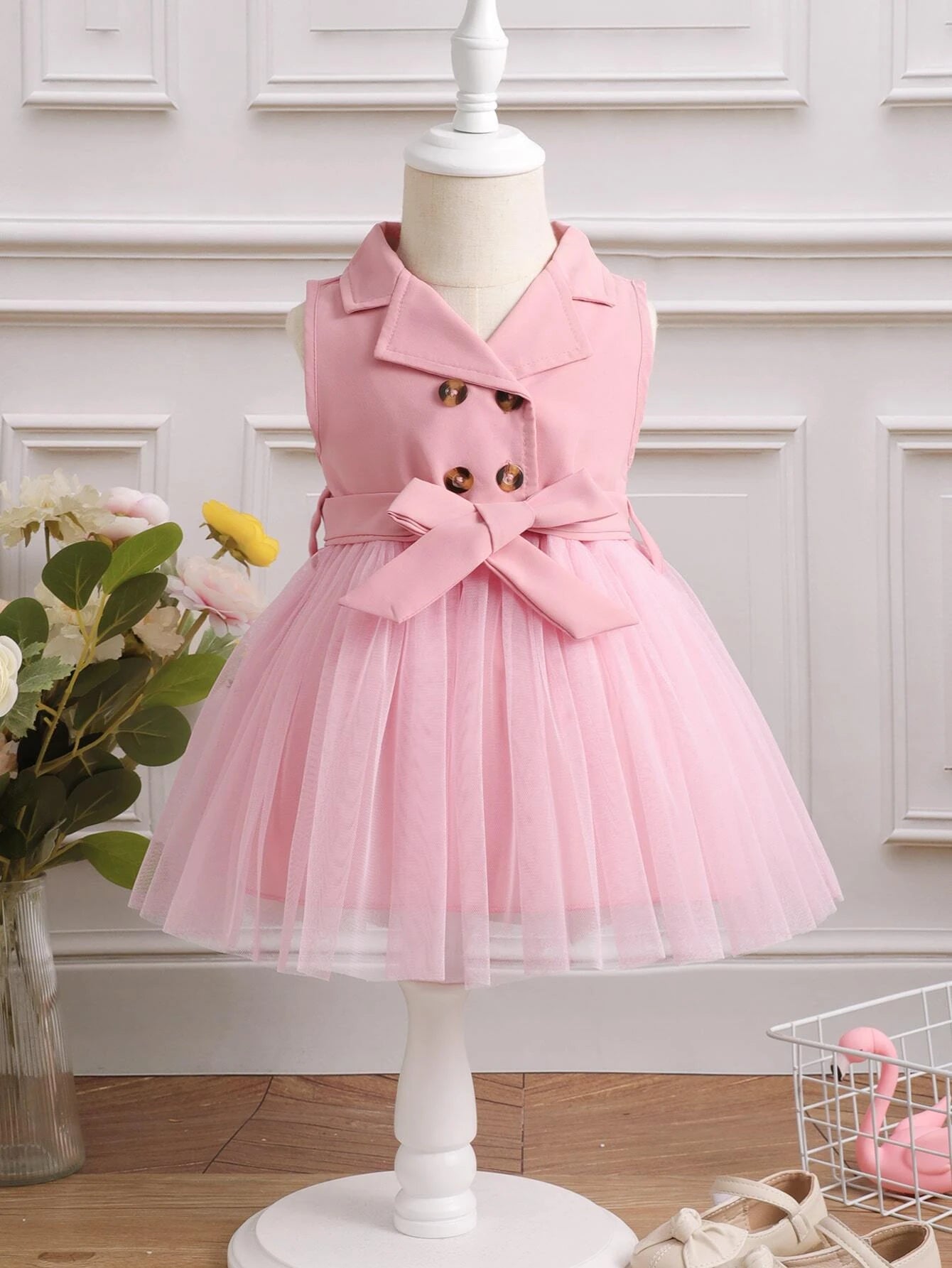 Baby Girl Double Button Mesh Hem Belted Dress Baby Pink